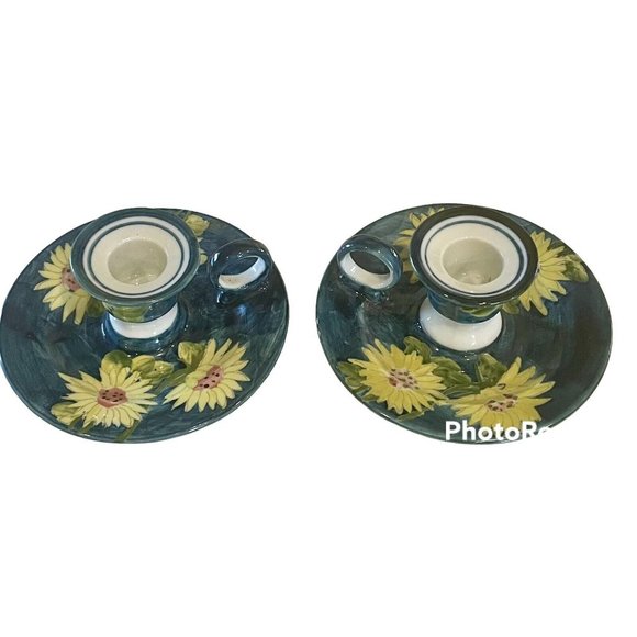 Vintage Chamberstick Hand Painted Thailand Candlestick Holders pair SUNFLOWERS - Picture 1 of 11